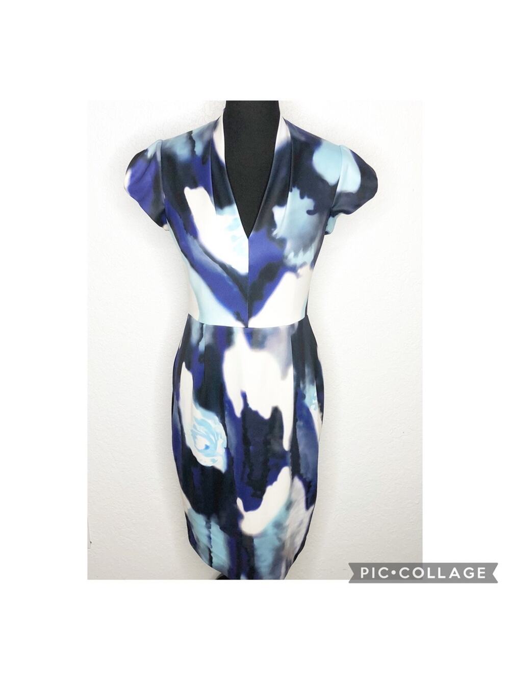Betsey Johnson blue white black watercolor cap sleeve sheath dress size 6
